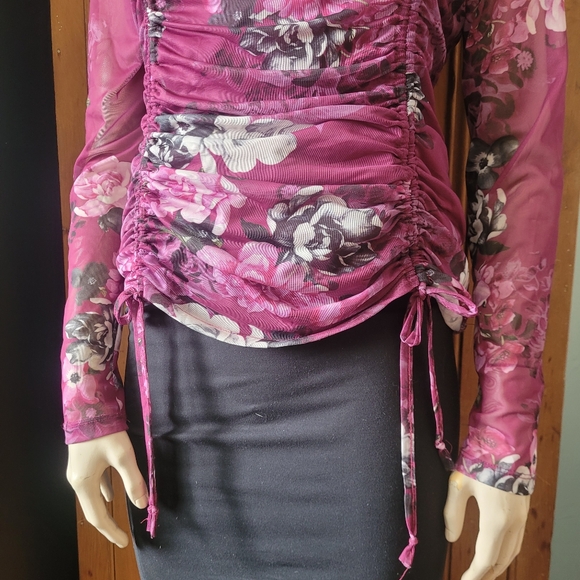 Vintage Y2K Ruched Sheer Mesh Floral Top Fairycore Romantic Club Wear M - Picture 6 of 16